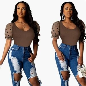 Elegant Brown Polka Dot Sleeve Top